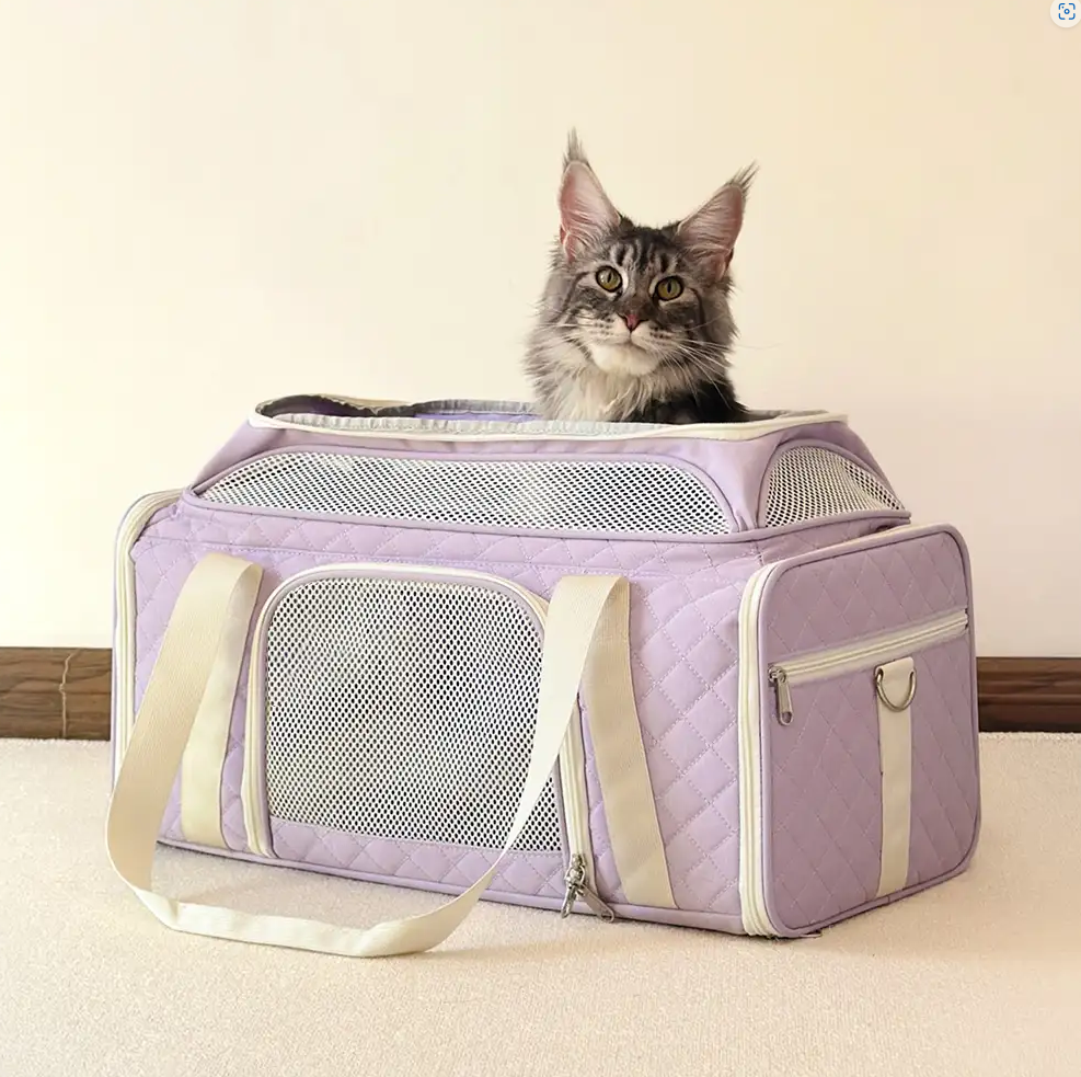 WAGNESTG  Classic Diamond Pattern Portable Cat Carrier Large-Capacity Expandable Pet Carrier Bag