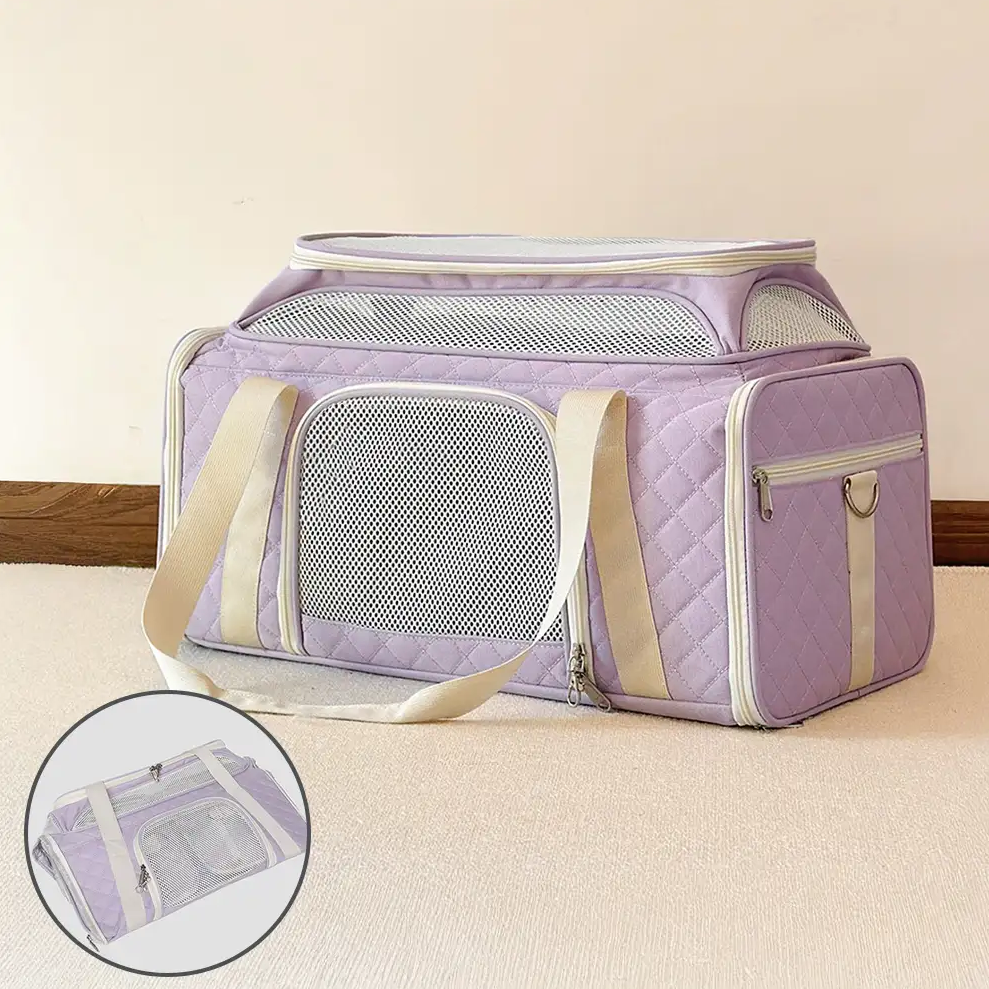 WAGNESTG  Classic Diamond Pattern Portable Cat Carrier Large-Capacity Expandable Pet Carrier Bag