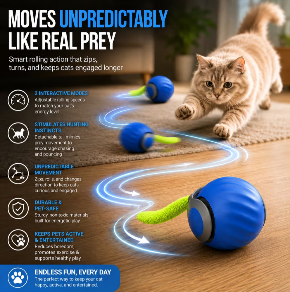 WAGNESTG  Smart Fast Rolling Ball Cat Toy, Blue