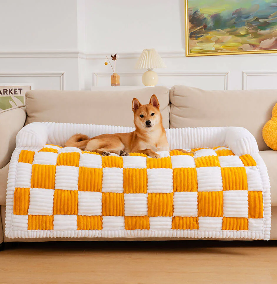 WAGNESTG  Cream Square Plaid Cozy Dog Mat Furniture Protector Cover