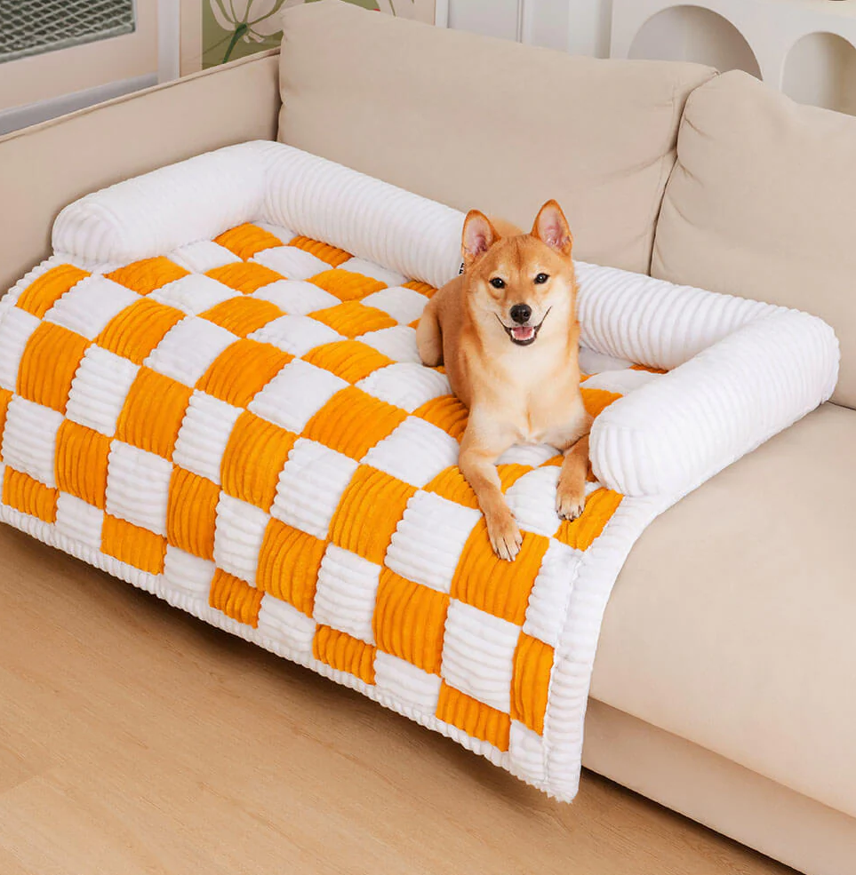 WAGNESTG  Cream Square Plaid Cozy Dog Mat Furniture Protector Cover