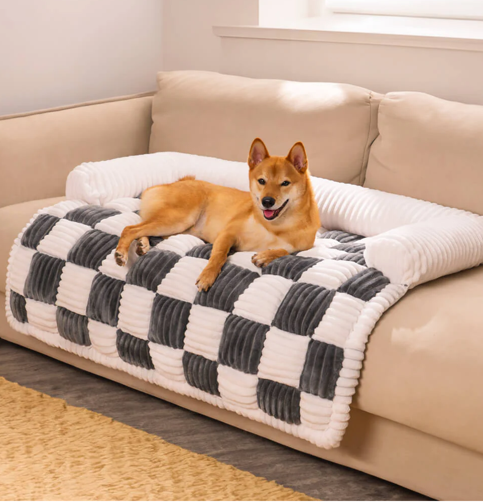 WAGNESTG  Cream Square Plaid Cozy Dog Mat Furniture Protector Cover